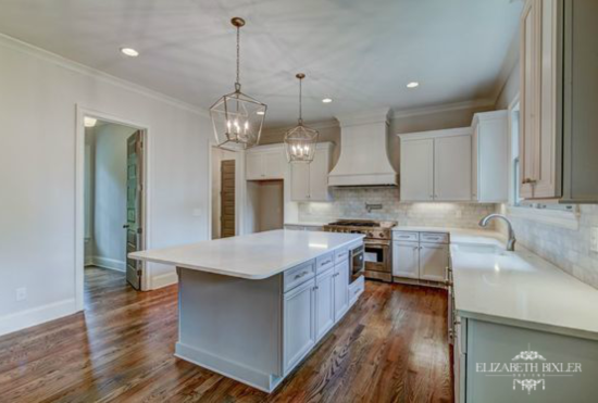 white kitchen, light gray cabinets